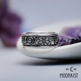 Free Spirit Wide Silver Flower and Spiral Wedding Ring | Moonkist Designs