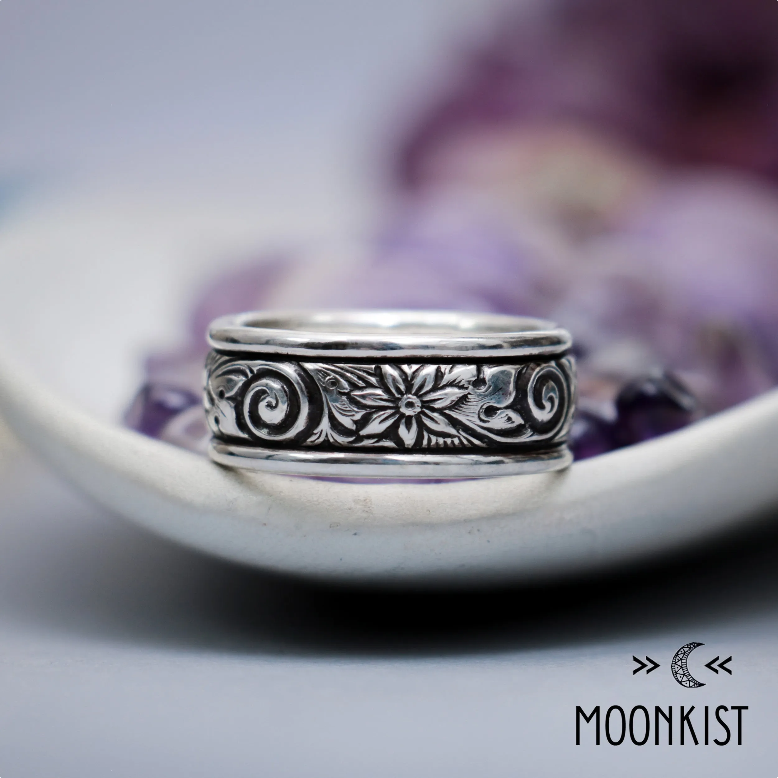 Free Spirit Wide Silver Flower and Spiral Wedding Ring | Moonkist Designs