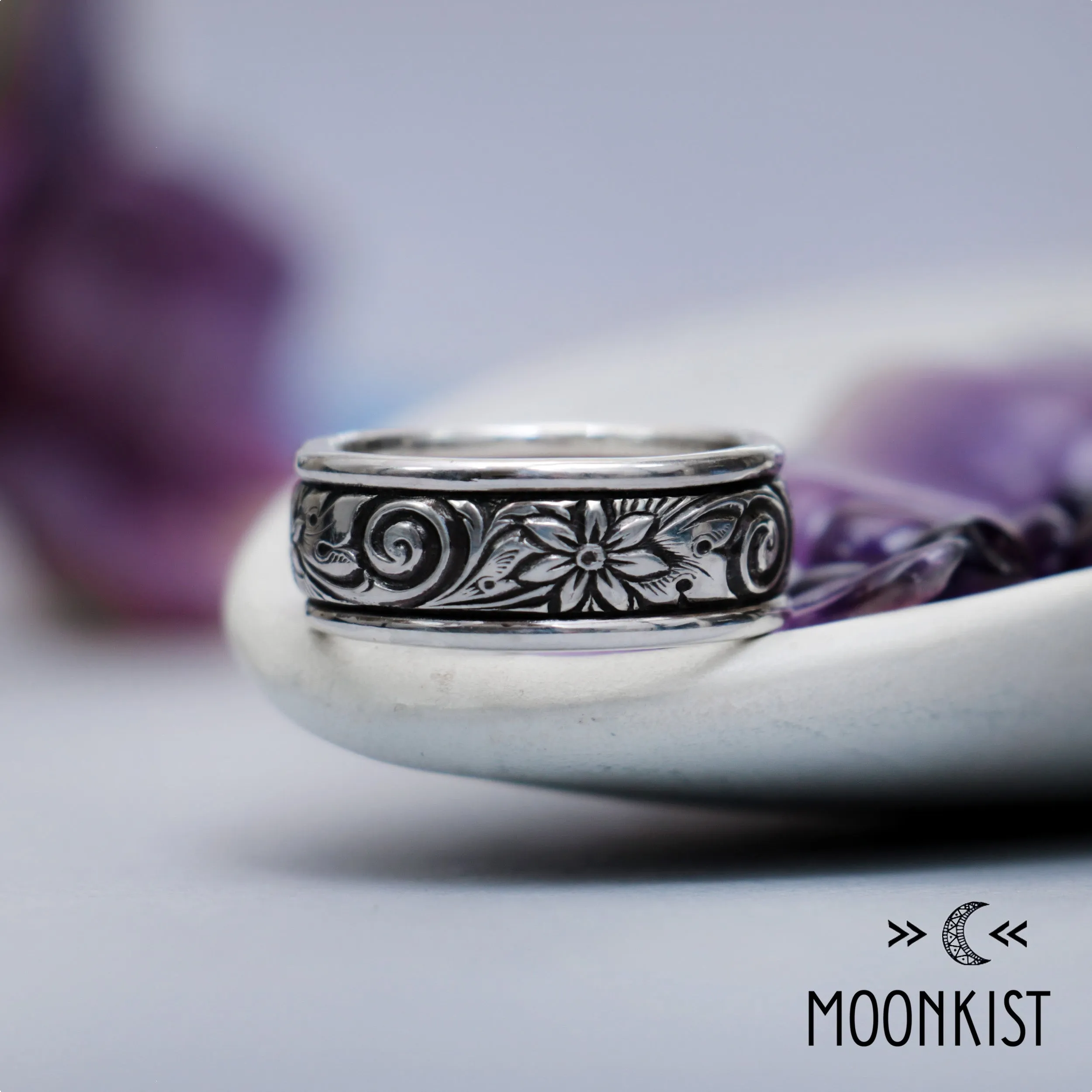 Free Spirit Wide Silver Flower and Spiral Wedding Ring | Moonkist Designs