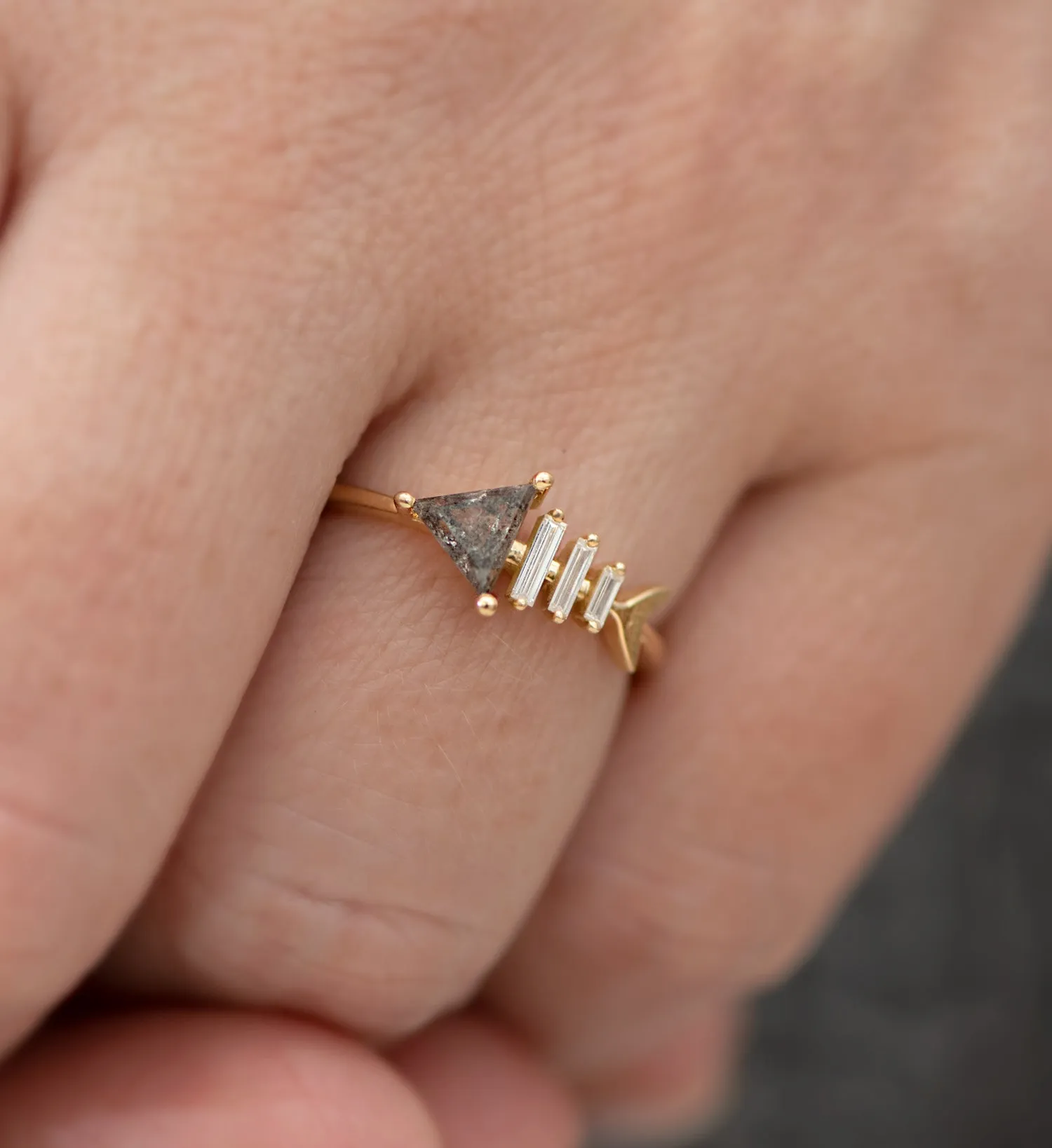 Gold Fish Bone Ring with Triangle and Baguette Cut Diamond