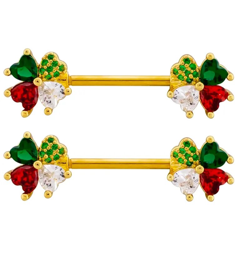 Gold PVD Lucky Clover Red And Green CZ Dangle Stainless Steel Nipple Barbell