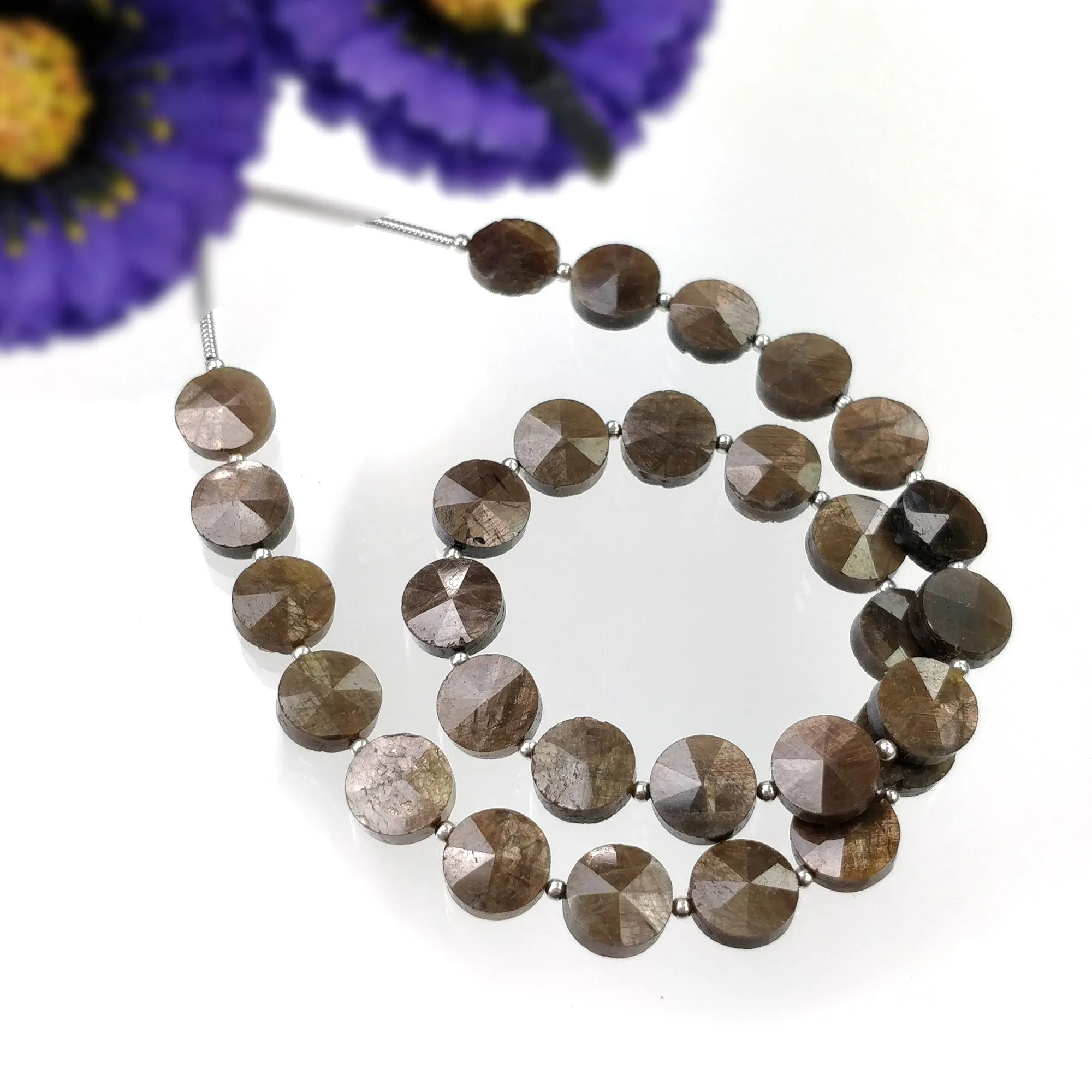 Golden Brown CHOCOLATE Sapphire Gemstone Step Cut Loose Beads : 83.00cts Natural Unheated Sapphire Round Briolette 8mm 11"