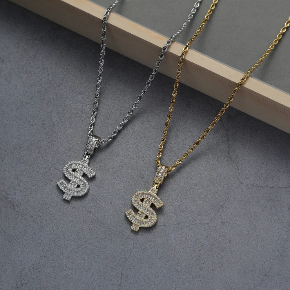 Iced Out Dollar Sign Pendant - Gold