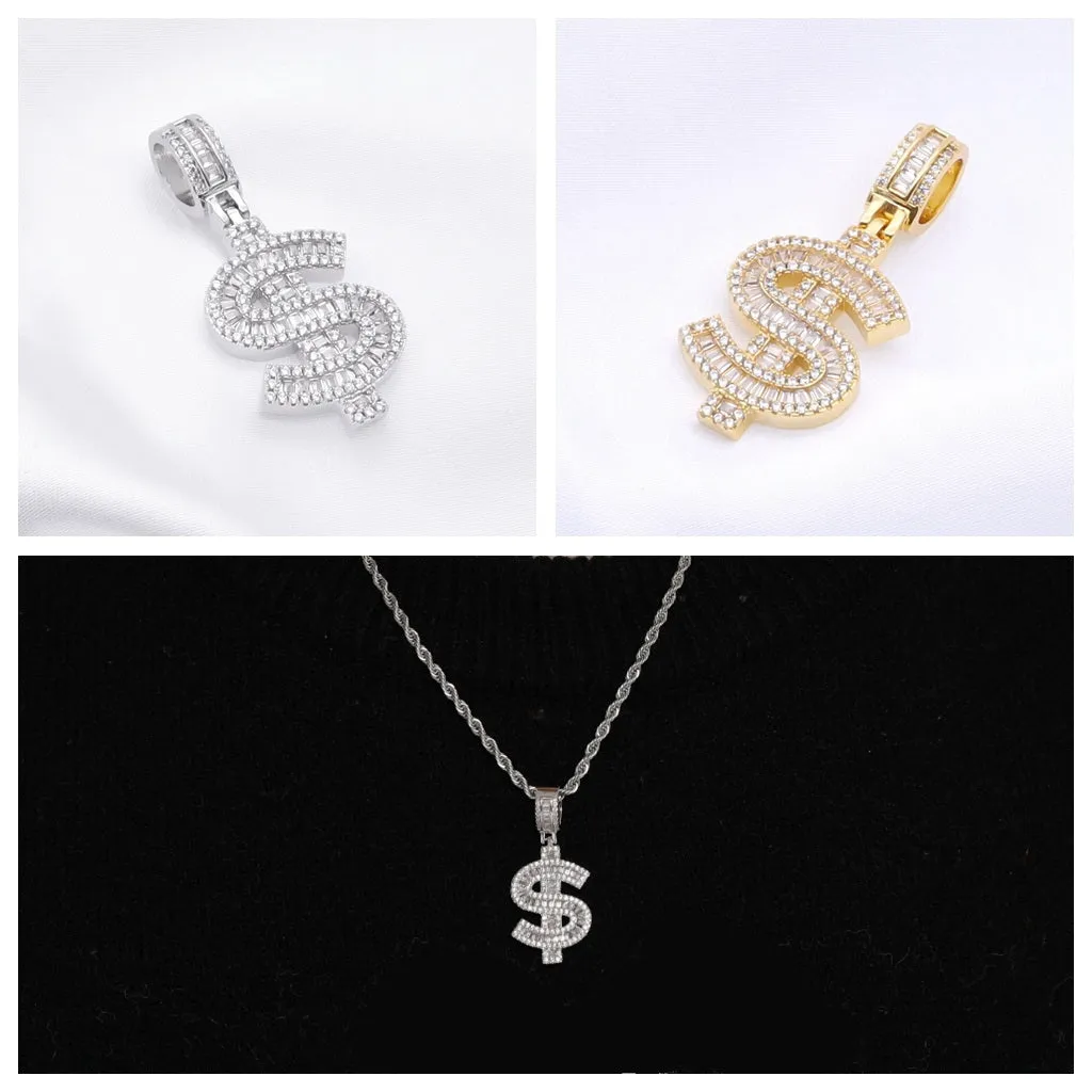 Iced Out Dollar Sign Pendant - Gold