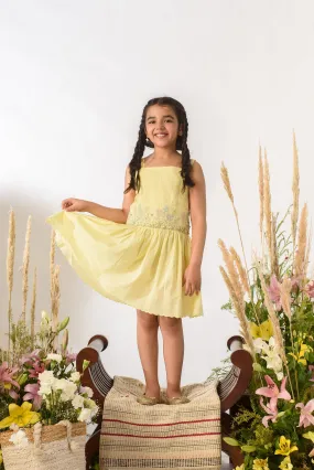 Lemon Terrain- Thread Embroidered Organic Cotton Dress For Girls