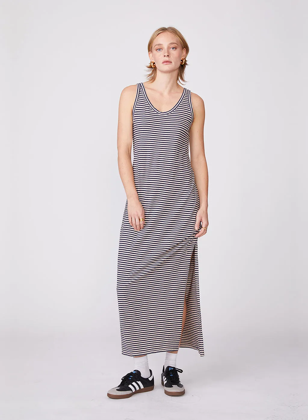 Mini Navy Stripe Jersey Tank Dress with Side Slit in Wheat