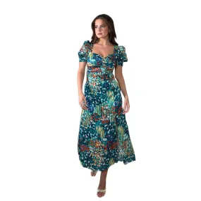 Multicoloured Flora Midi Dress With Sweetheart Neckline & Puff Sleeves