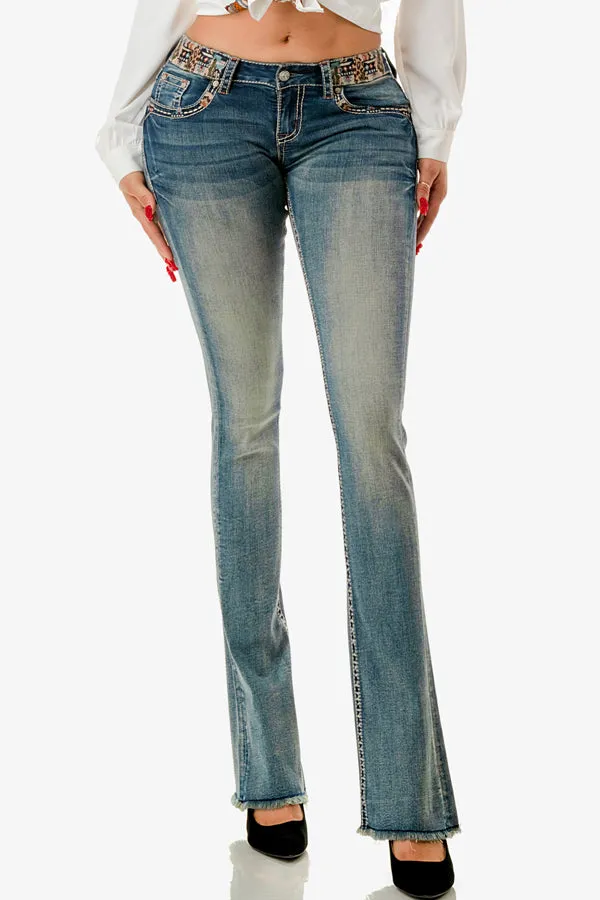 Multiple Colorful Embroidery Mid Rise Bootcut Jeans