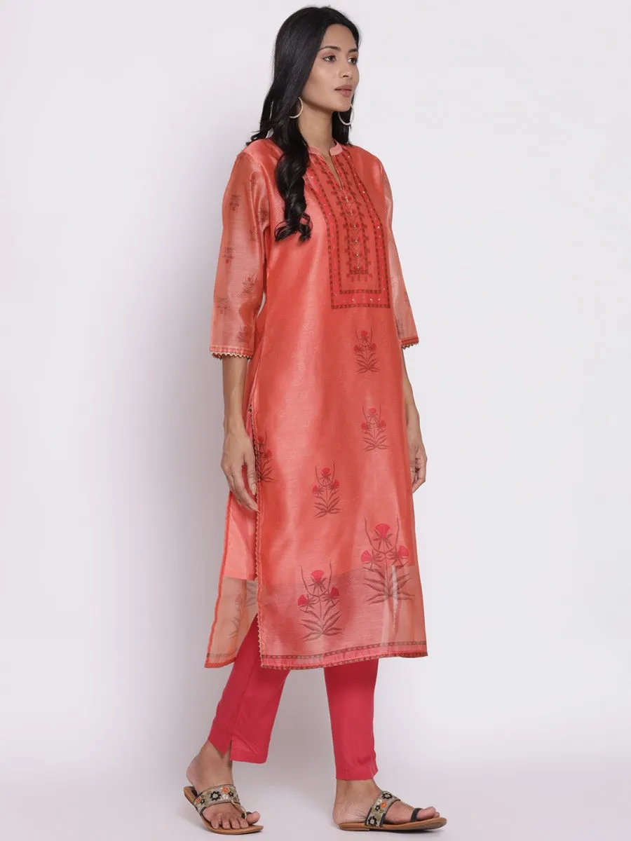 Peach Floral Printed Kurta