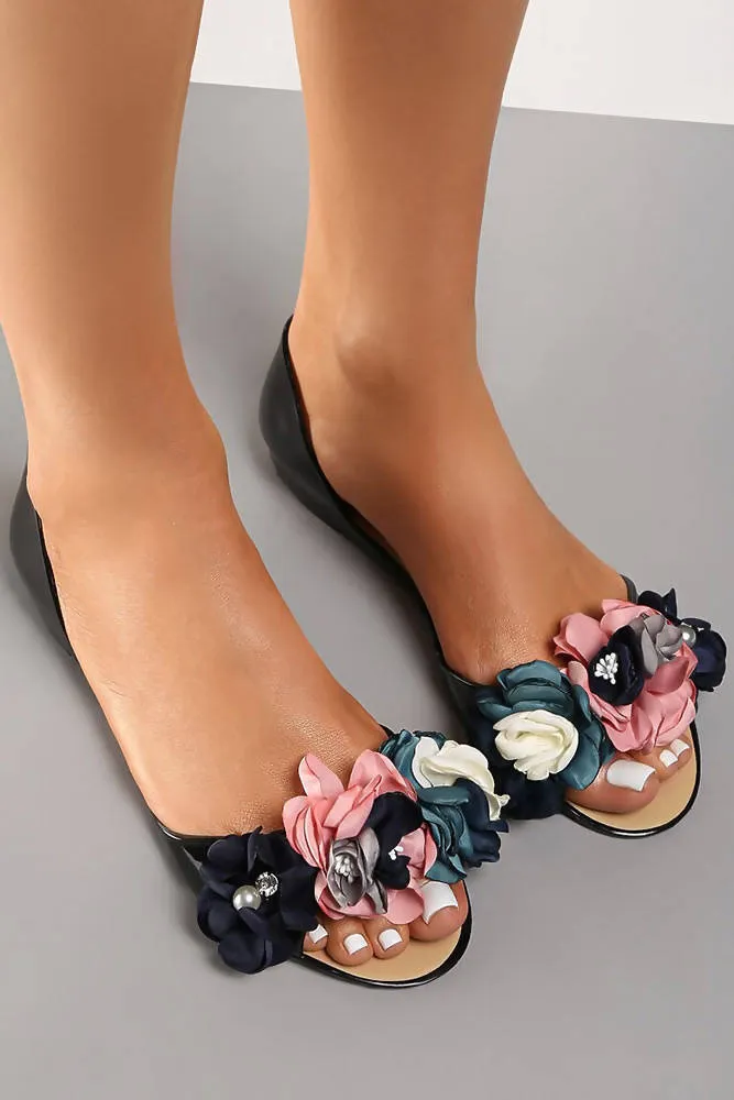 Peep Toe Flower Applique Strap Flat Shoes