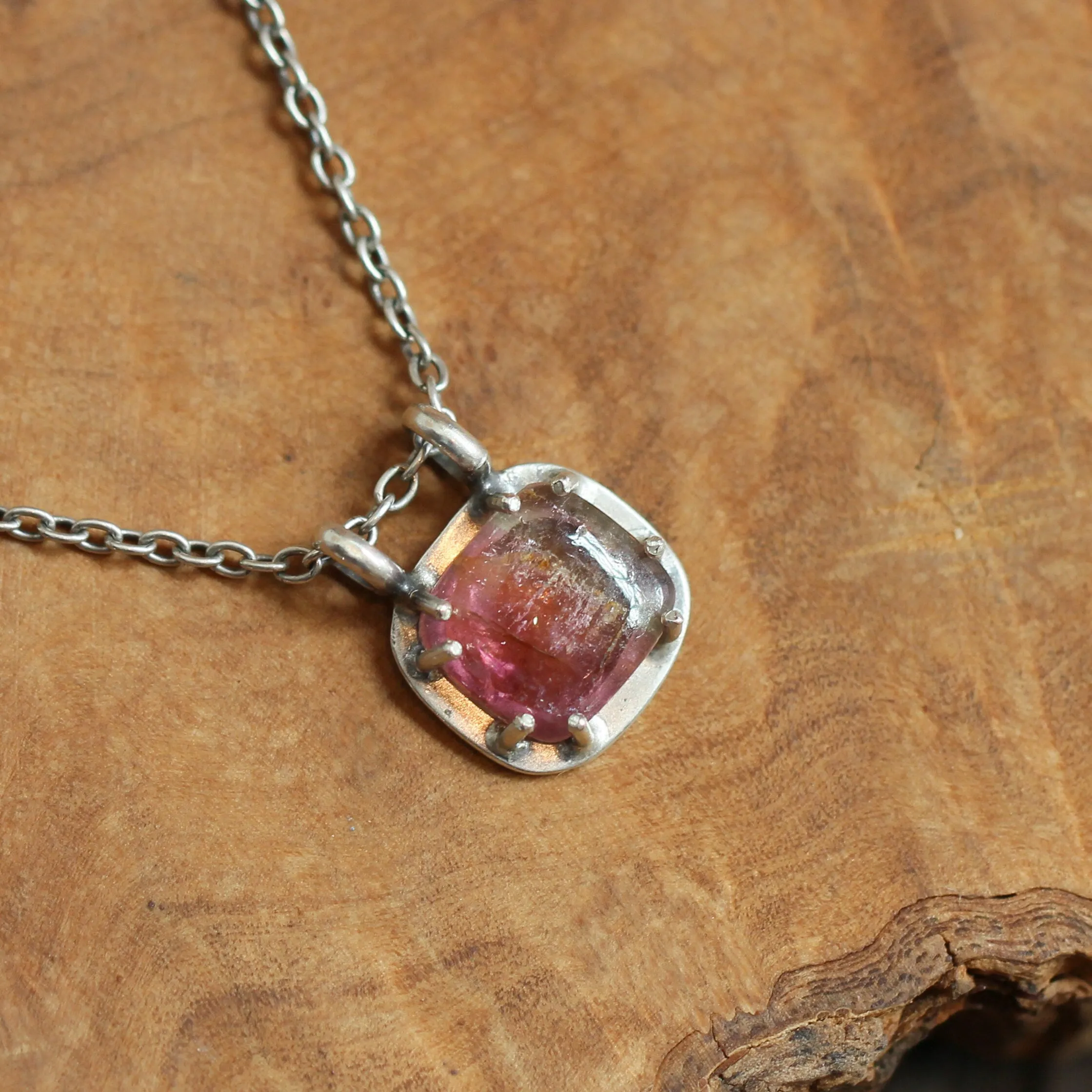 Pink Tourmaline Prong Pendant - Pink Tourmaline Necklace - OOAK Silversmith