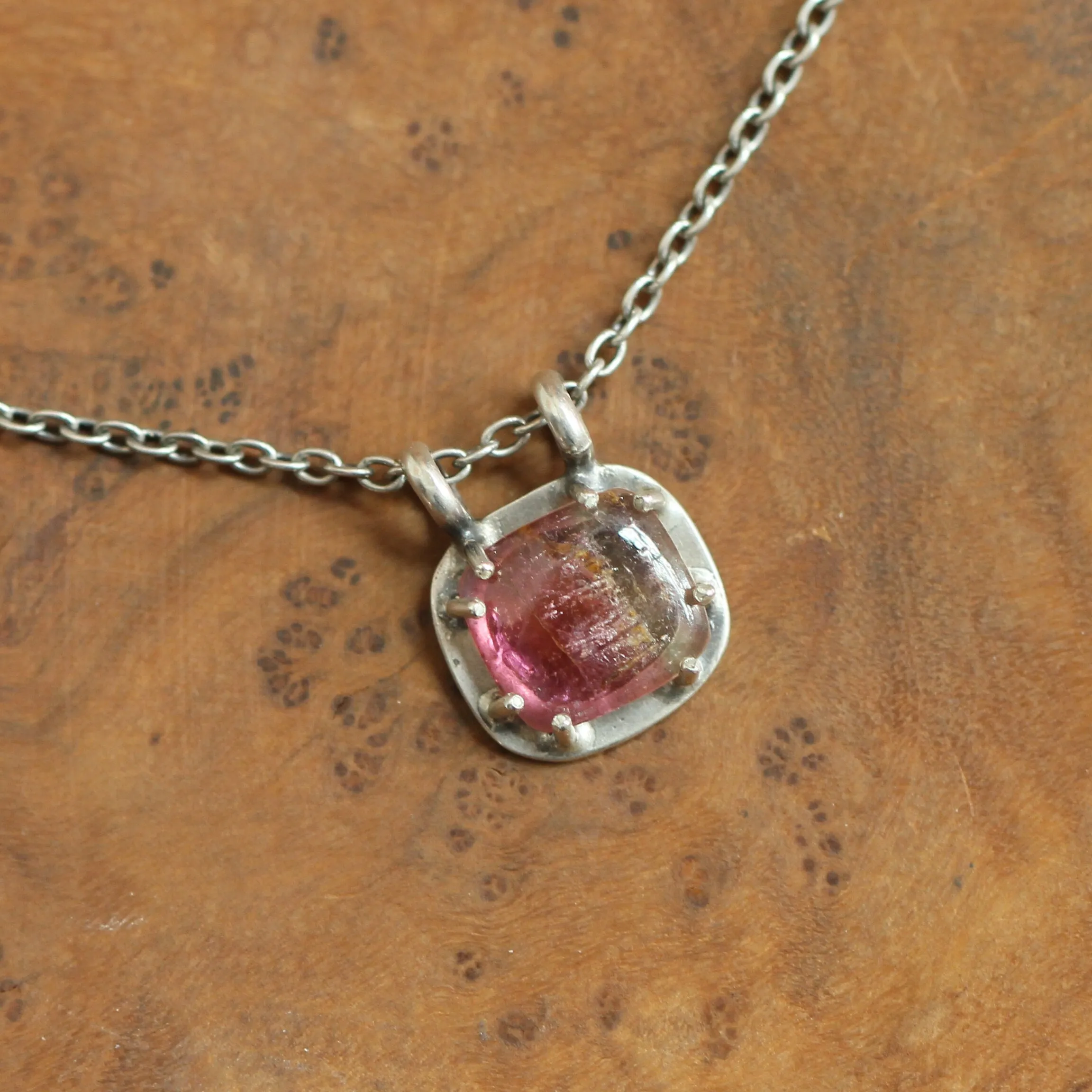 Pink Tourmaline Prong Pendant - Pink Tourmaline Necklace - OOAK Silversmith