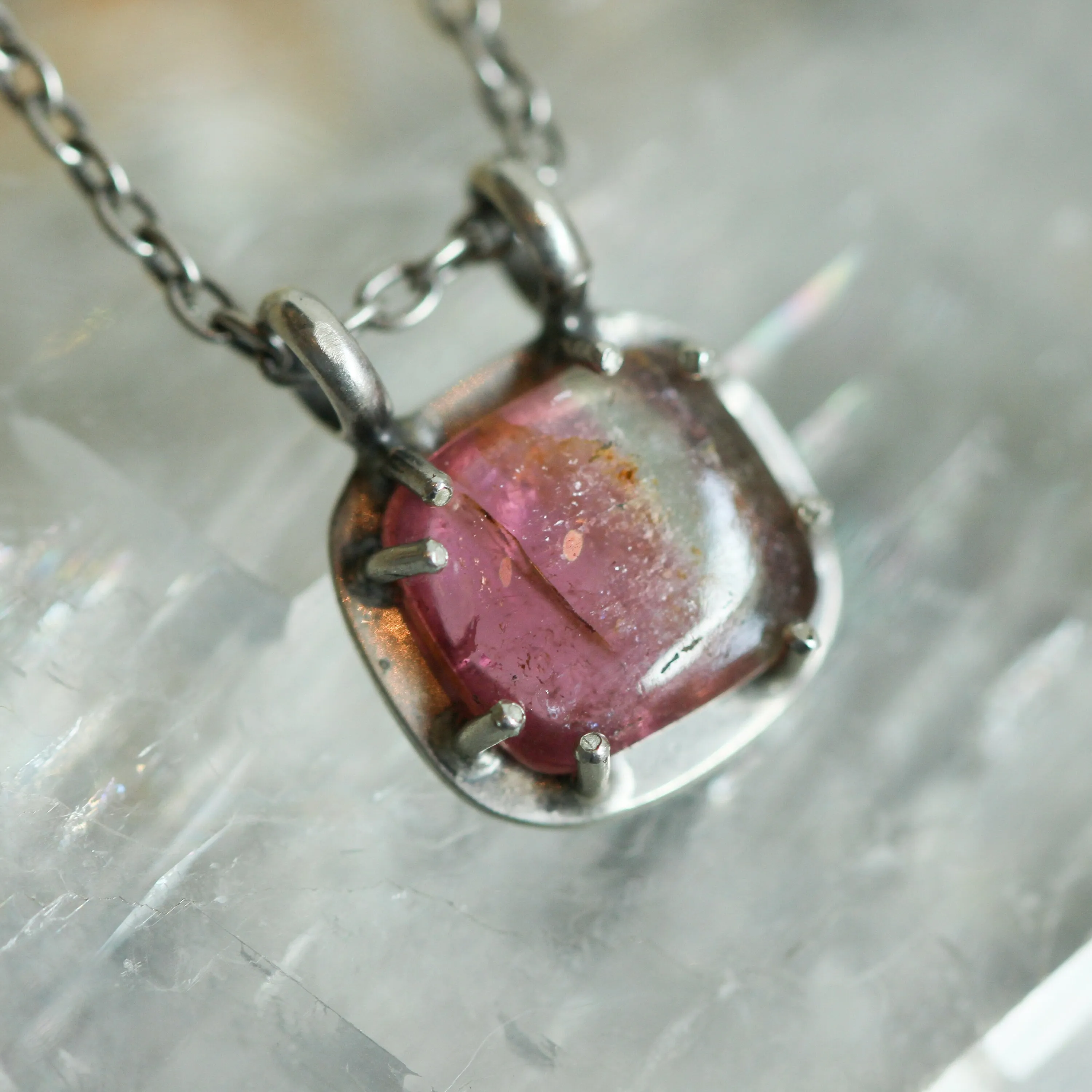 Pink Tourmaline Prong Pendant - Pink Tourmaline Necklace - OOAK Silversmith