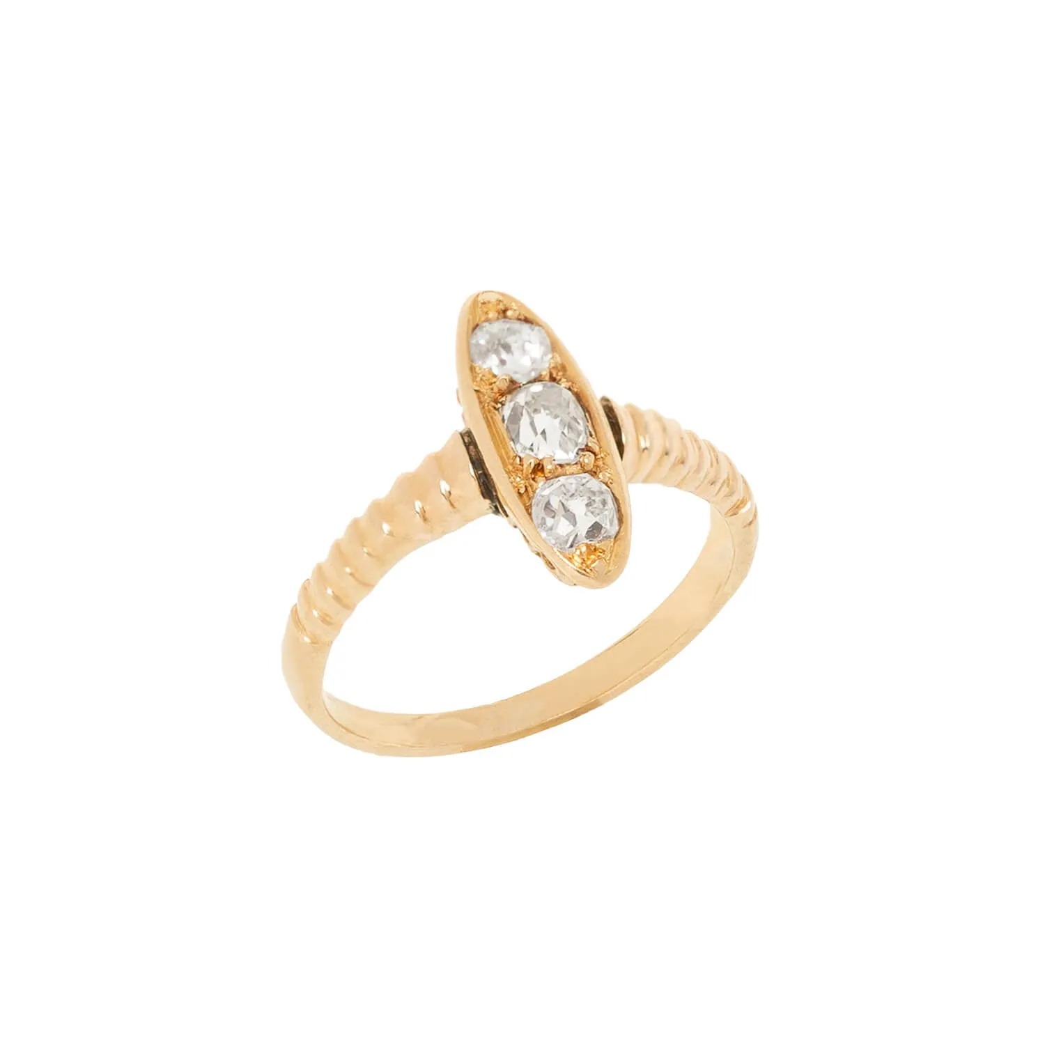 Retro 18k Mine Cut Diamond Three-Stone Navette Ring .65ctw