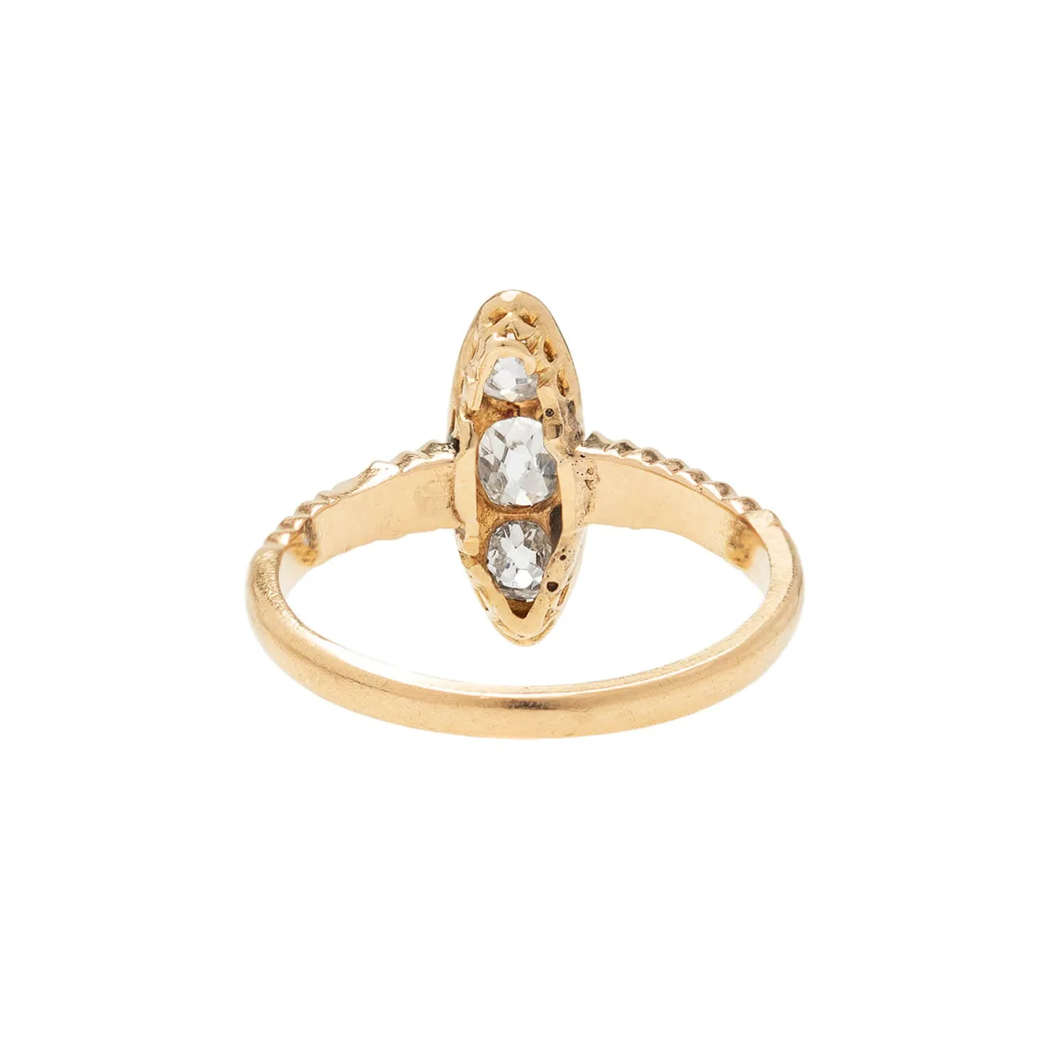 Retro 18k Mine Cut Diamond Three-Stone Navette Ring .65ctw