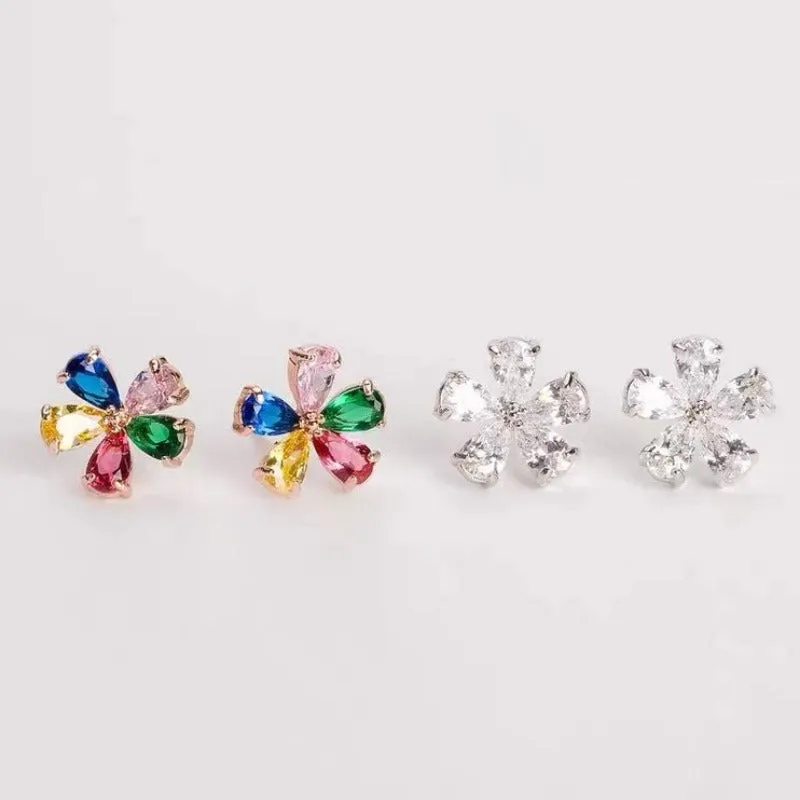 Rose Gold /18K White Gold Plated Sterling Silver Colorful Five-petal Flower Earrings Stud