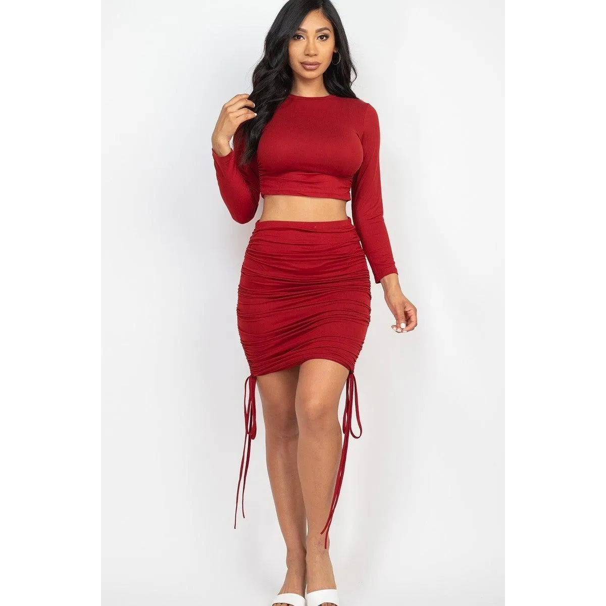 Ruched Side Crop Top & Drawstring Skirt Set