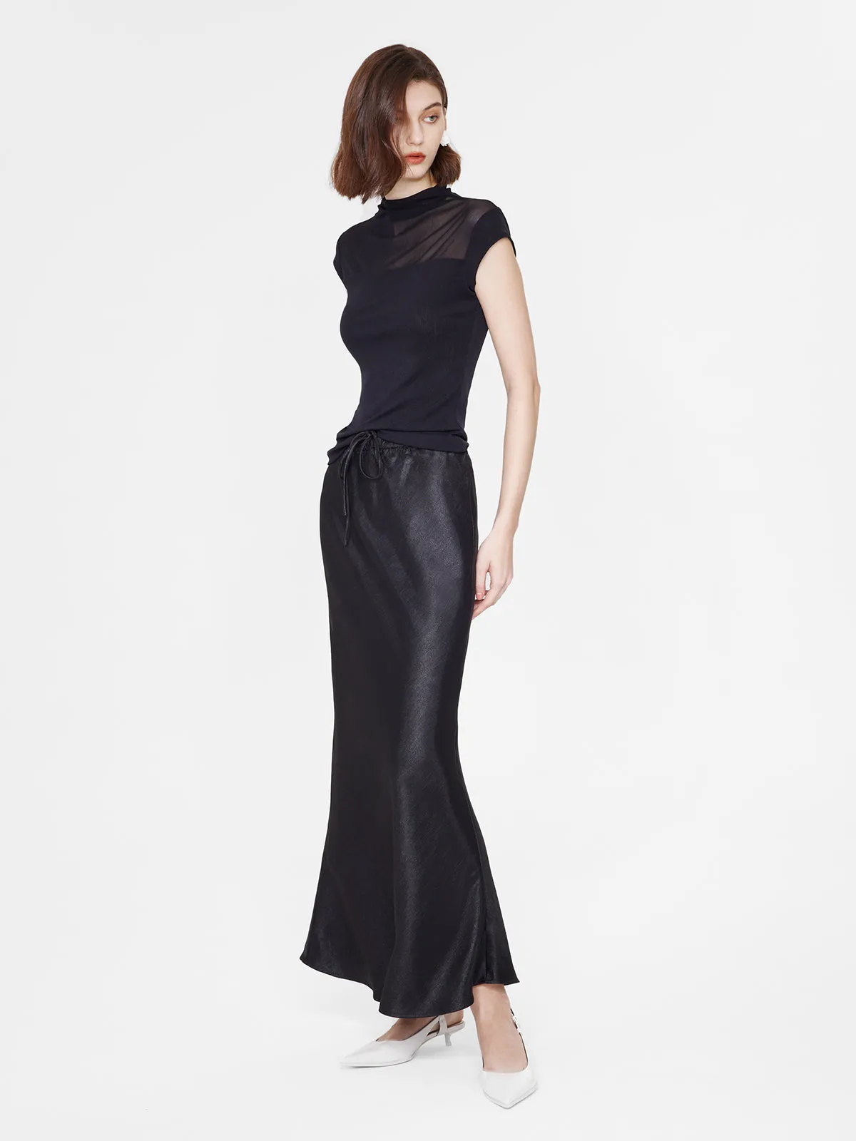 Satin Fishtail Long Skirt With Waist Tie