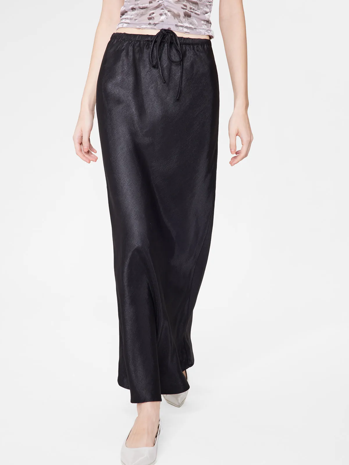 Satin Fishtail Long Skirt With Waist Tie