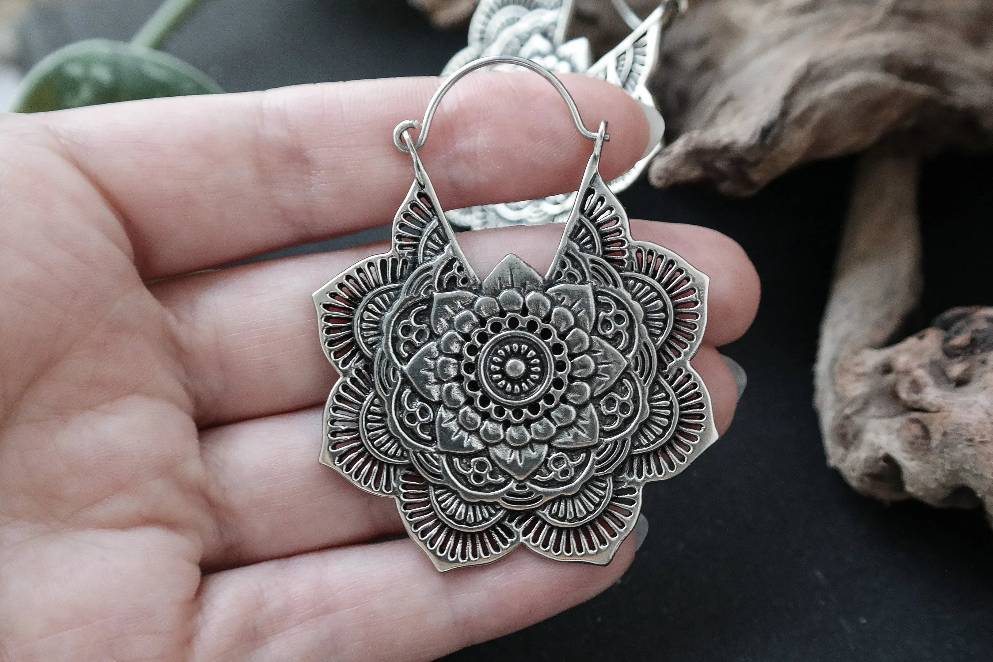 Silver Mandala Flower Earrings