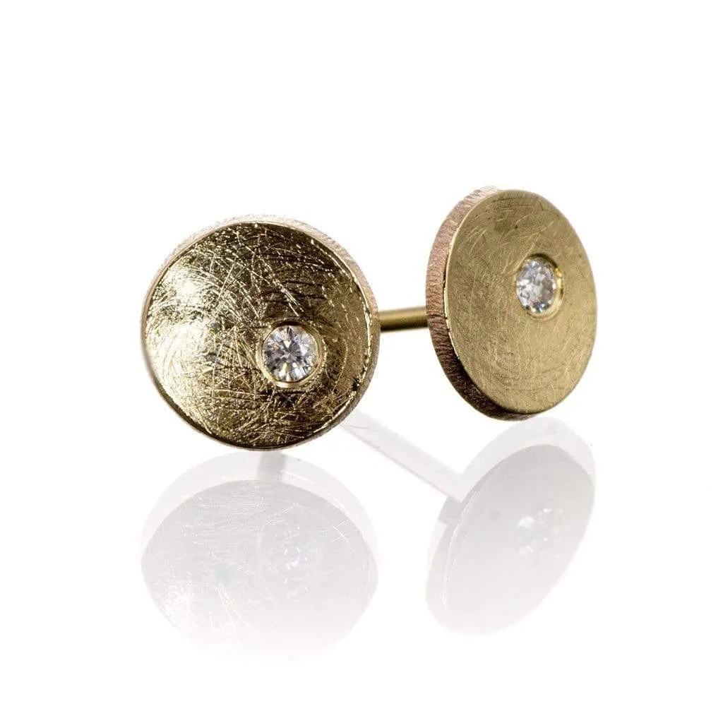 Small 14k Yellow Gold Concave Round Simple Diamond Studs Earrings