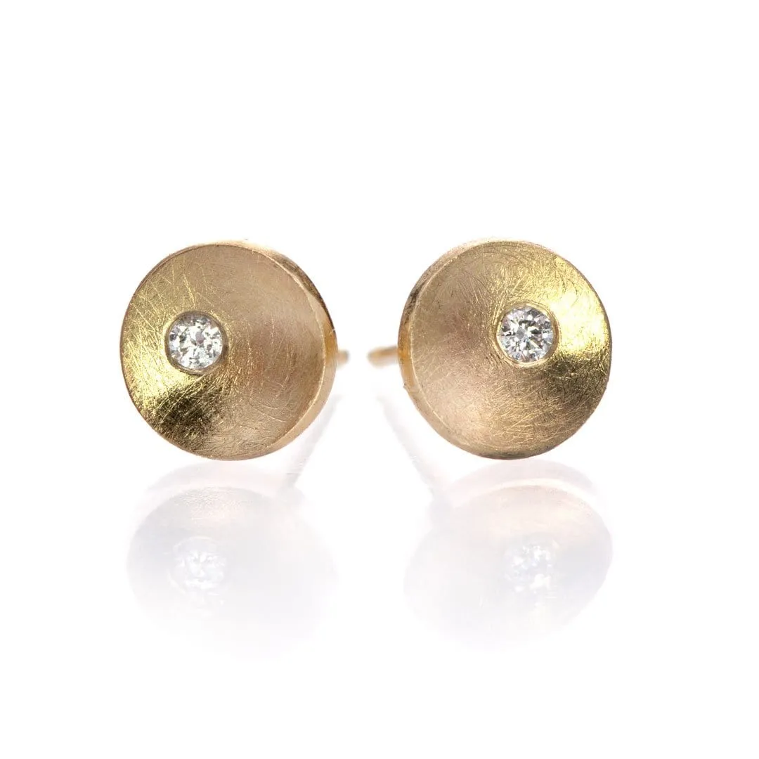 Small 14k Yellow Gold Concave Round Simple Diamond Studs Earrings