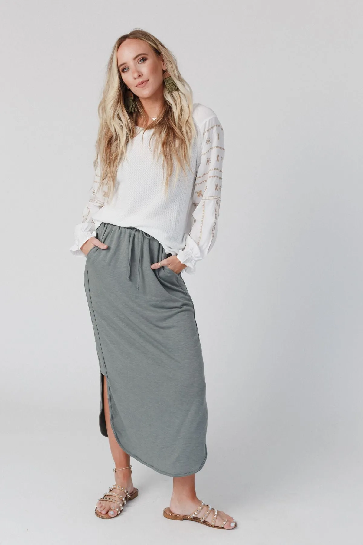 So Comfy Drawstring Maxi Skirt - Light Olive