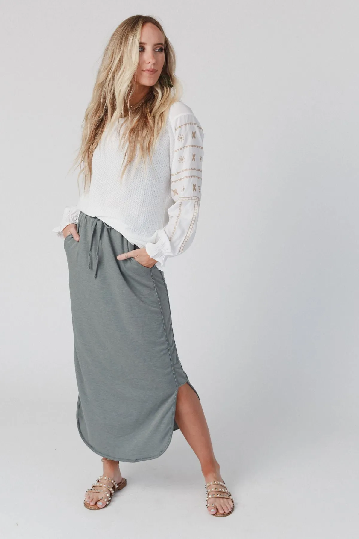 So Comfy Drawstring Maxi Skirt - Light Olive