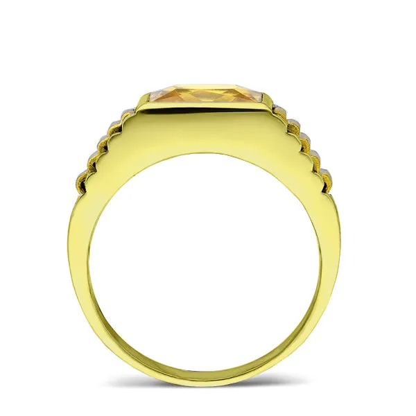 Solid 10k Yellow Gold Mens Ring Yellow Citrine Gemstone Band Ring for Man All Sz