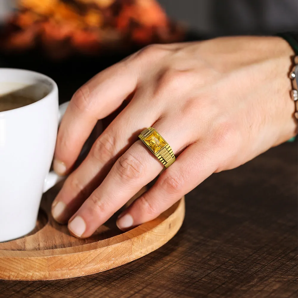 Solid 10k Yellow Gold Mens Ring Yellow Citrine Gemstone Band Ring for Man All Sz