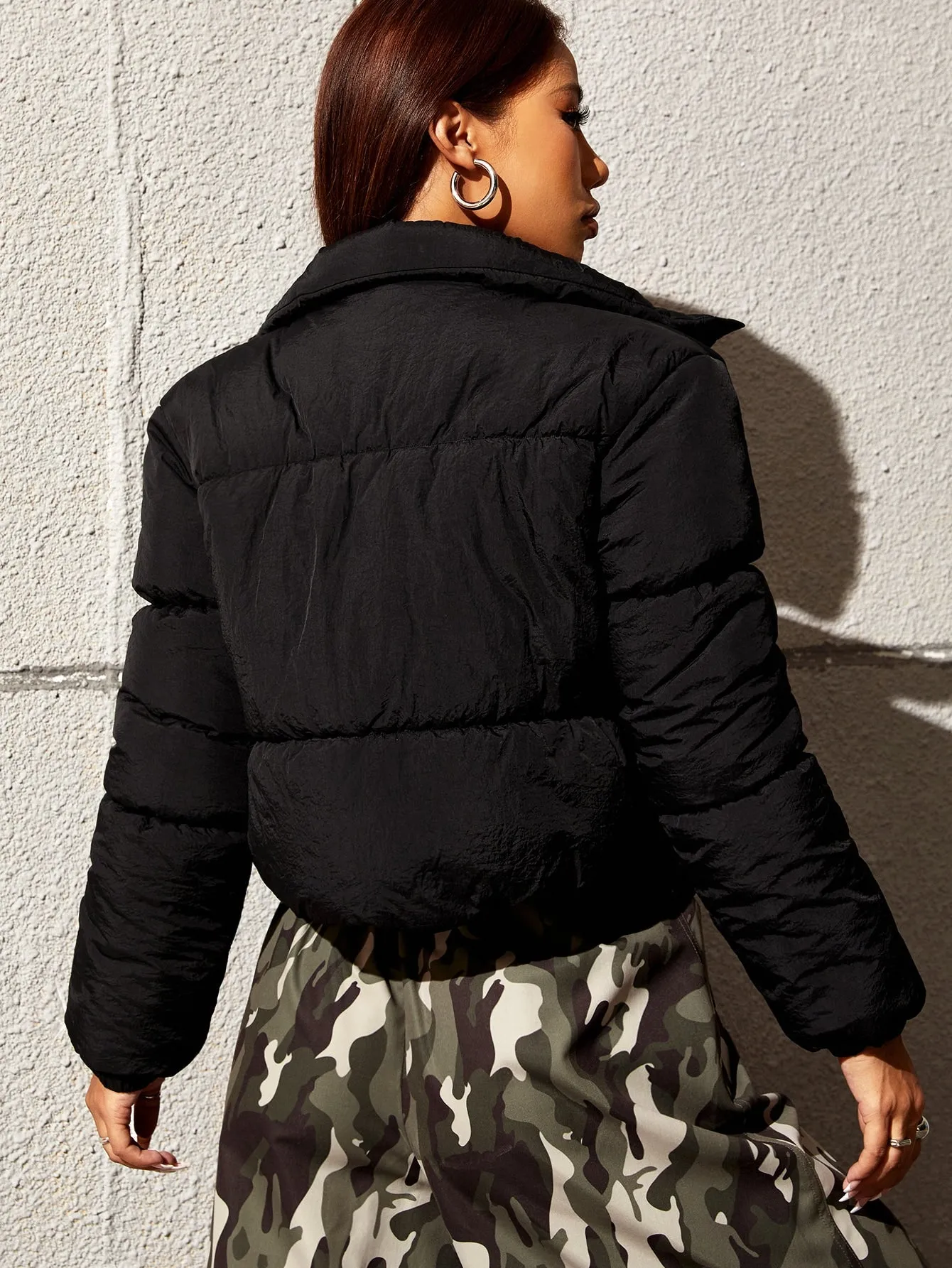 Solid Zip Up Puffer Coat