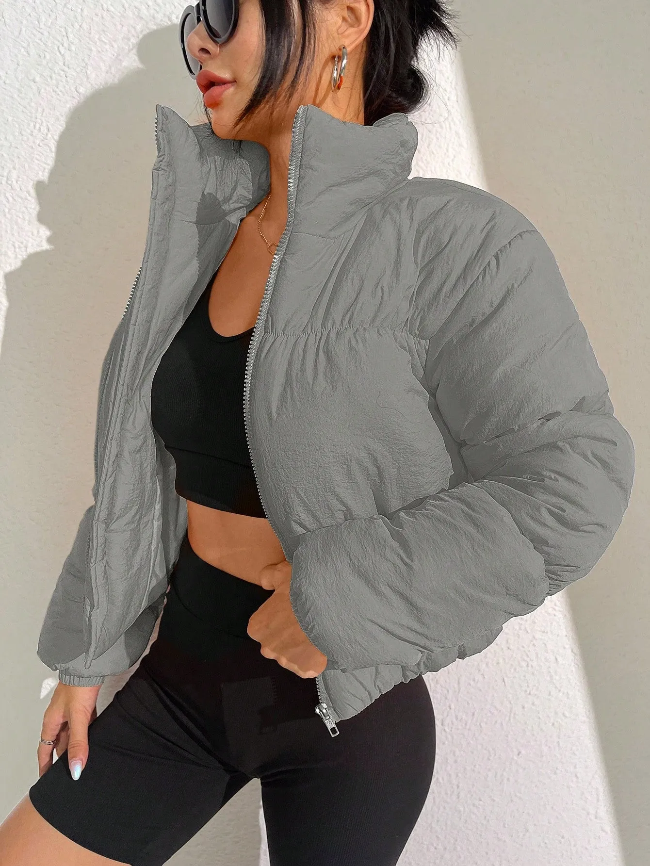 Solid Zip Up Puffer Coat