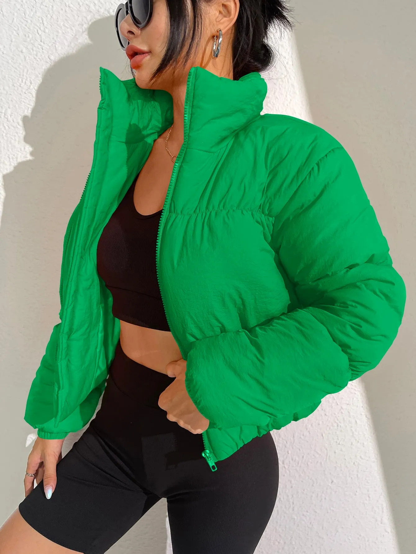 Solid Zip Up Puffer Coat