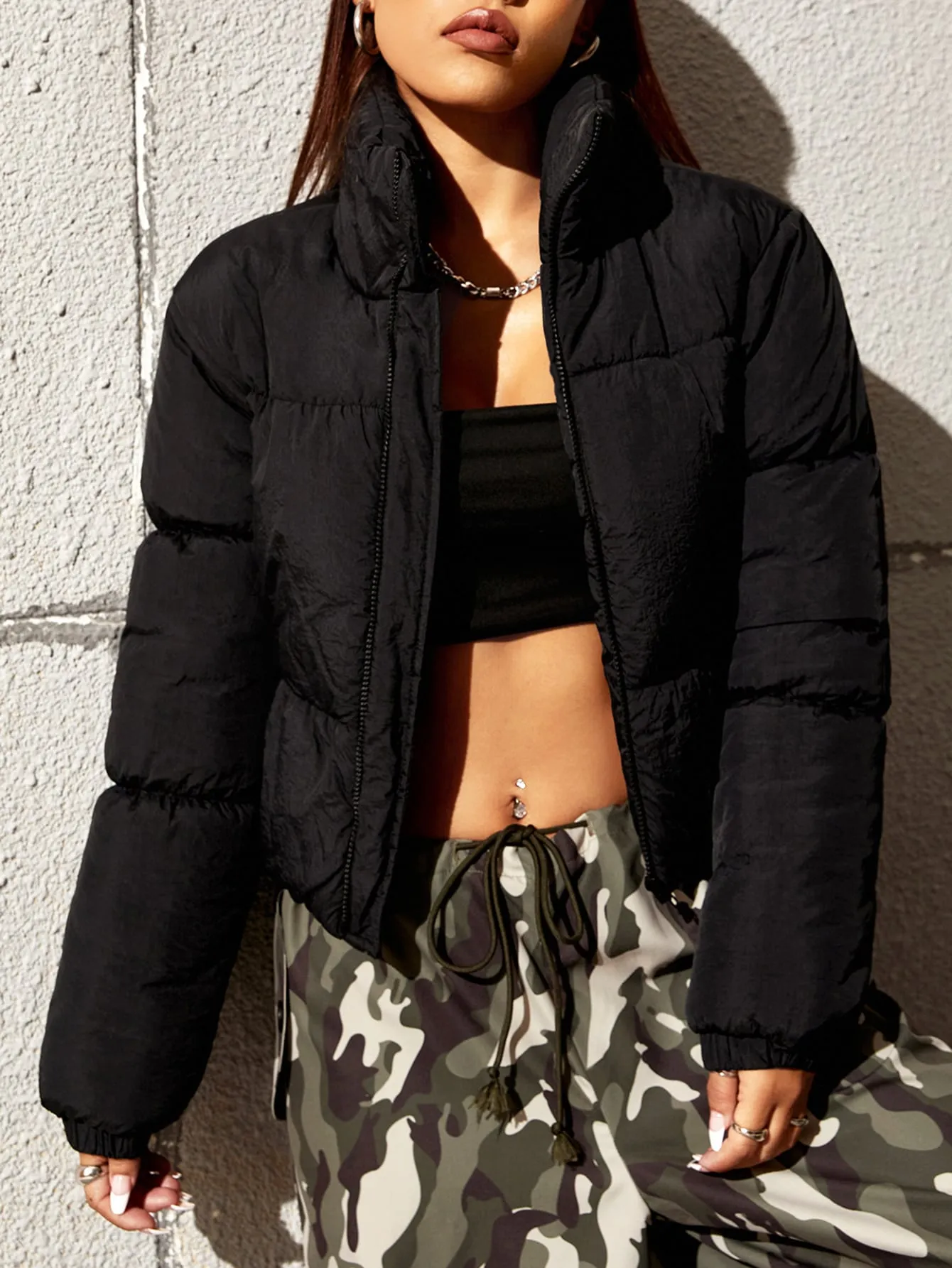 Solid Zip Up Puffer Coat