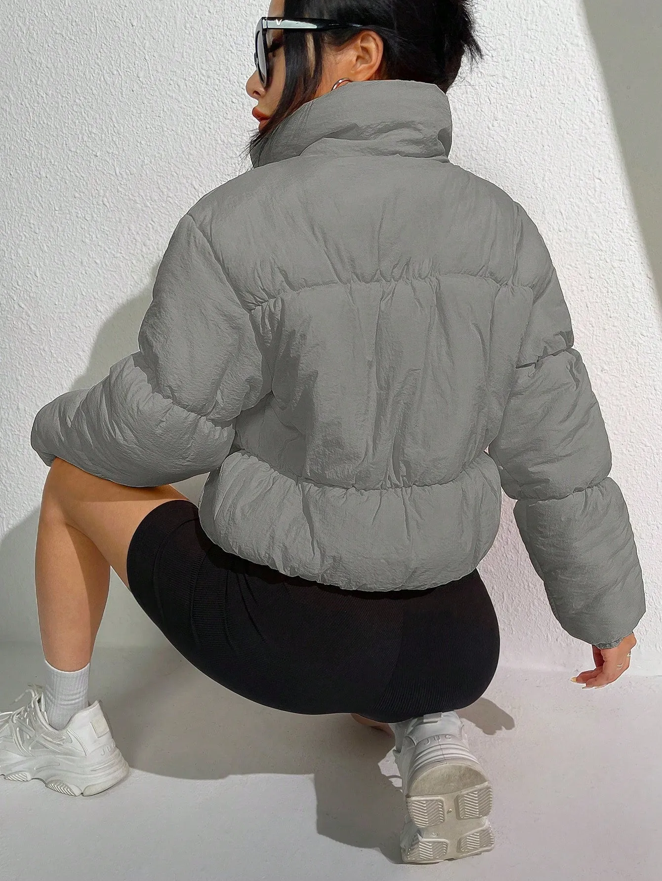 Solid Zip Up Puffer Coat