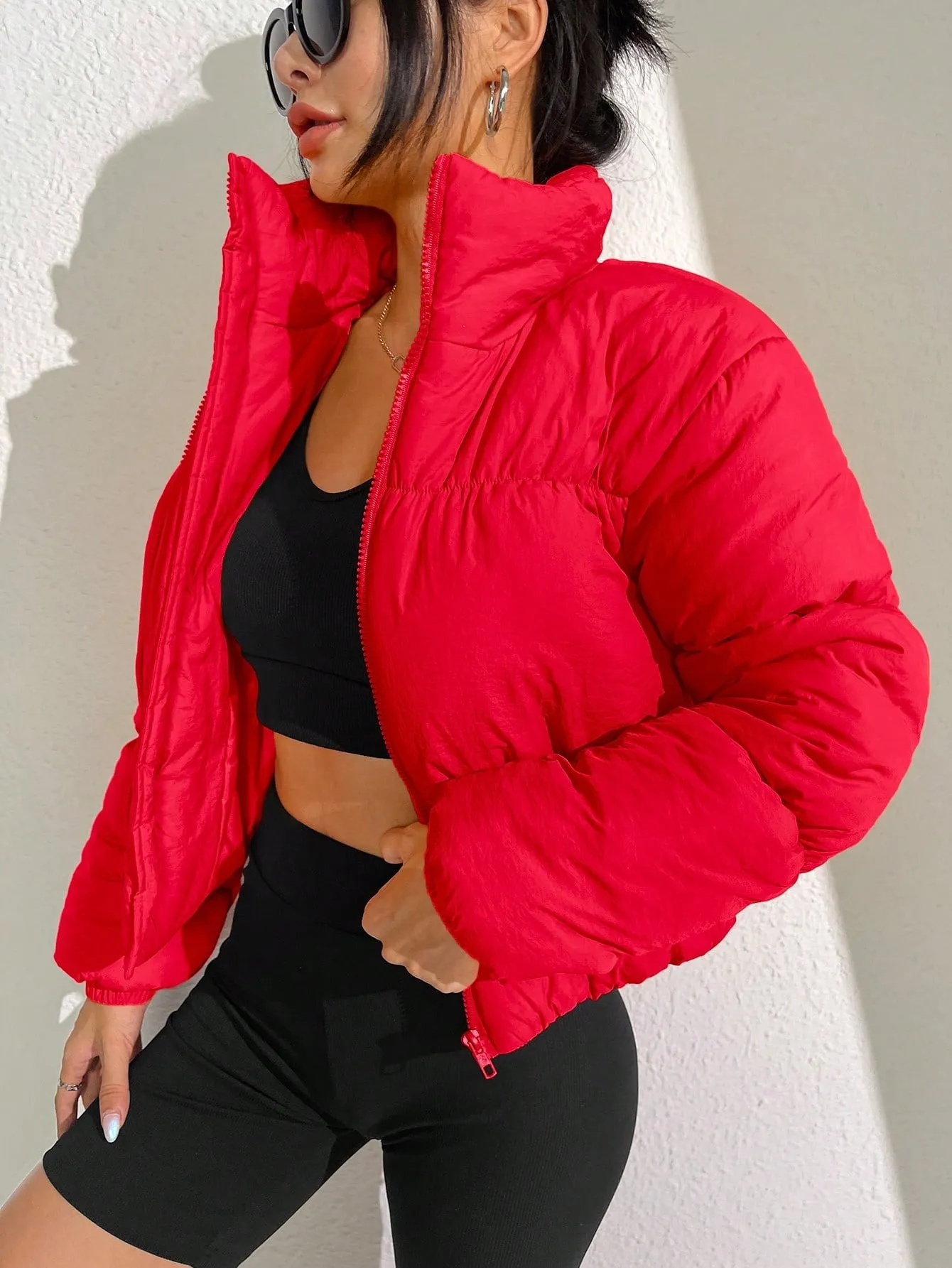 Solid Zip Up Puffer Coat