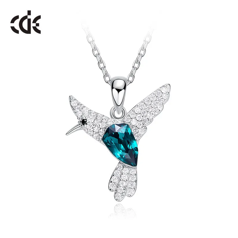 Sterling silver flying Emerald hummingbird necklace