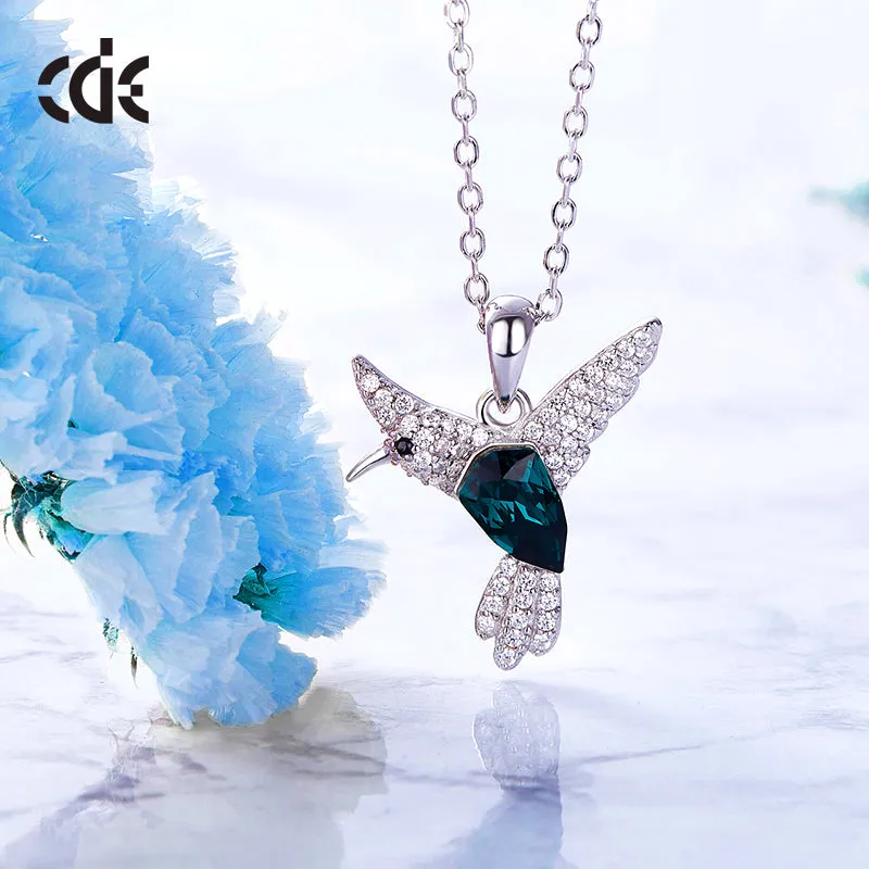 Sterling silver flying Emerald hummingbird necklace