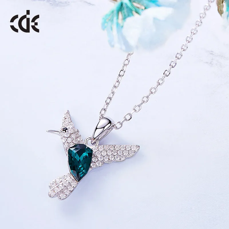 Sterling silver flying Emerald hummingbird necklace