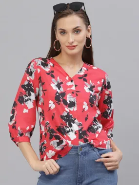 Style Quotient Women Coral & Black Floral Printed Top