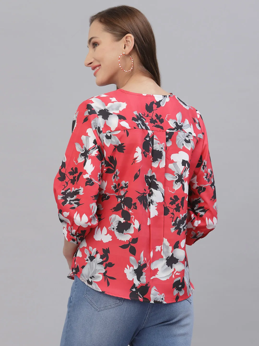 Style Quotient Women Coral & Black Floral Printed Top