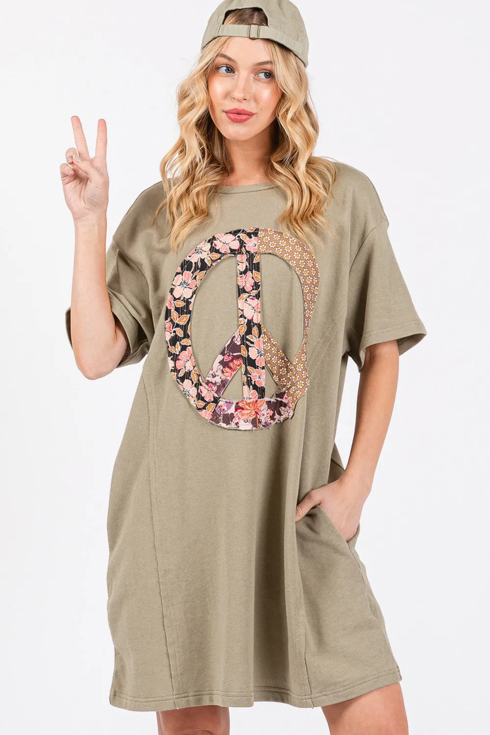 Sunset and Swim  Full Size Peace Sign Applique Short Sleeve Tee Dress