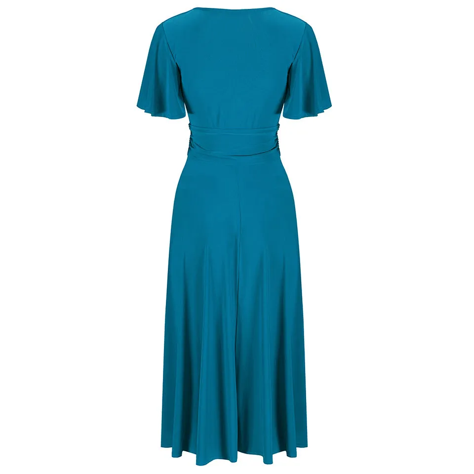 Teal Blue Cap Sleeve Crossover V Neck Wrap Top Swing Dress