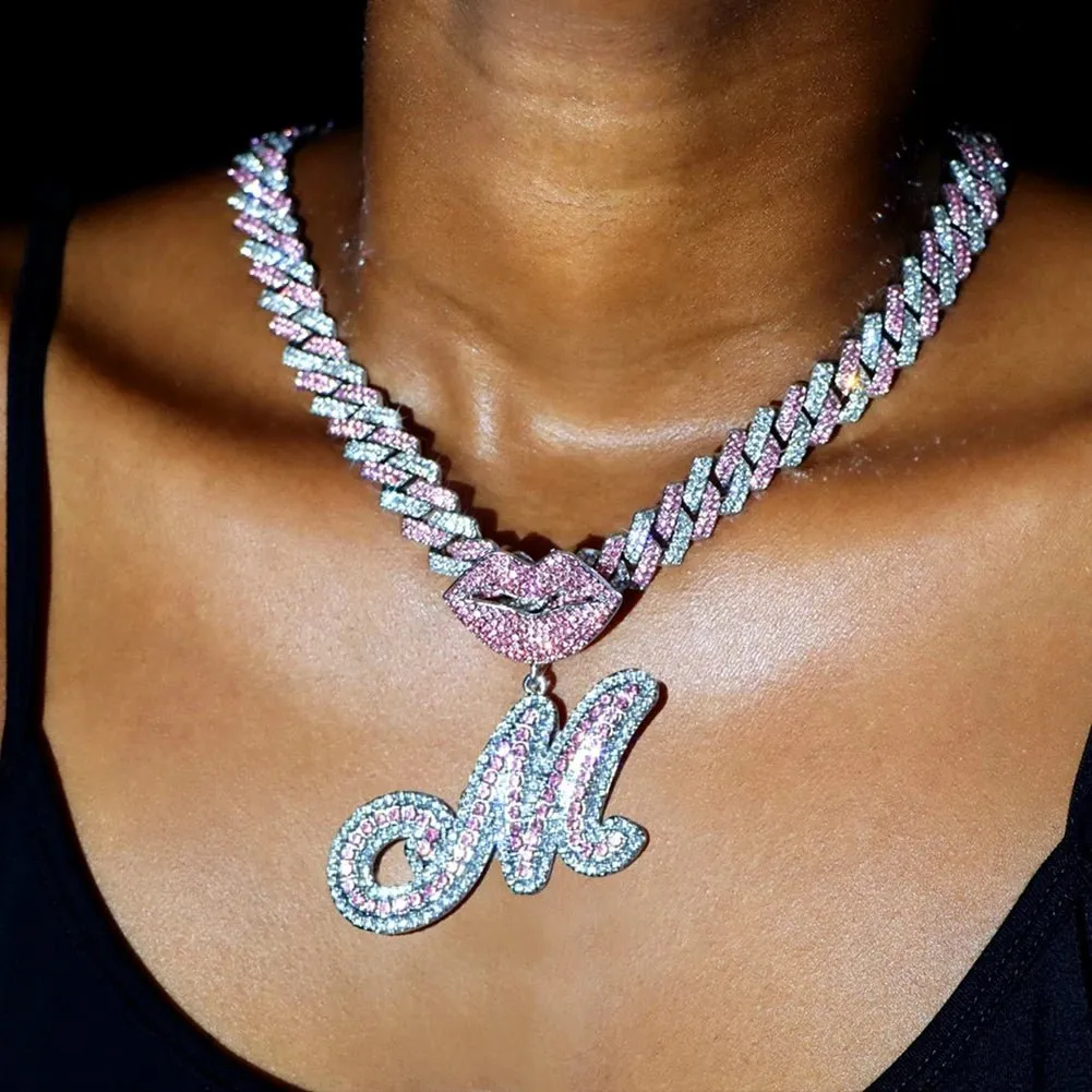 Trendy Pink Cuban Chain Rhinestone Letter Pendant Necklace