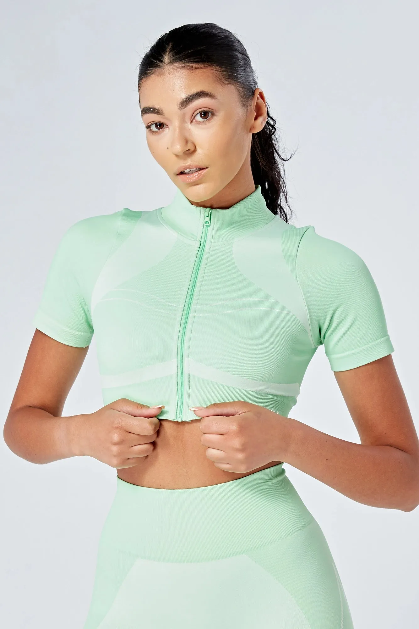 Twill Active Recycled Colour Block Zip-up Crop Top Green