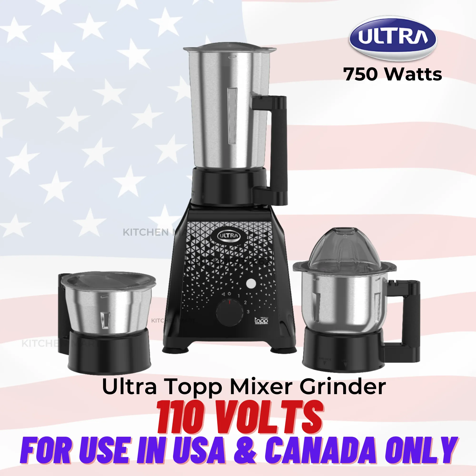 Ultra Topp 110volts 750W Mixer Grinder ( 3 Jars, Jet Black ) for use in USA and canada only