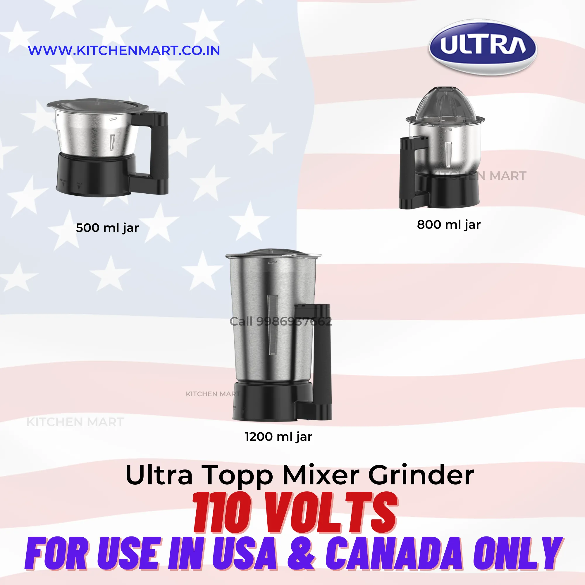 Ultra Topp 110volts 750W Mixer Grinder ( 3 Jars, Jet Black ) for use in USA and canada only