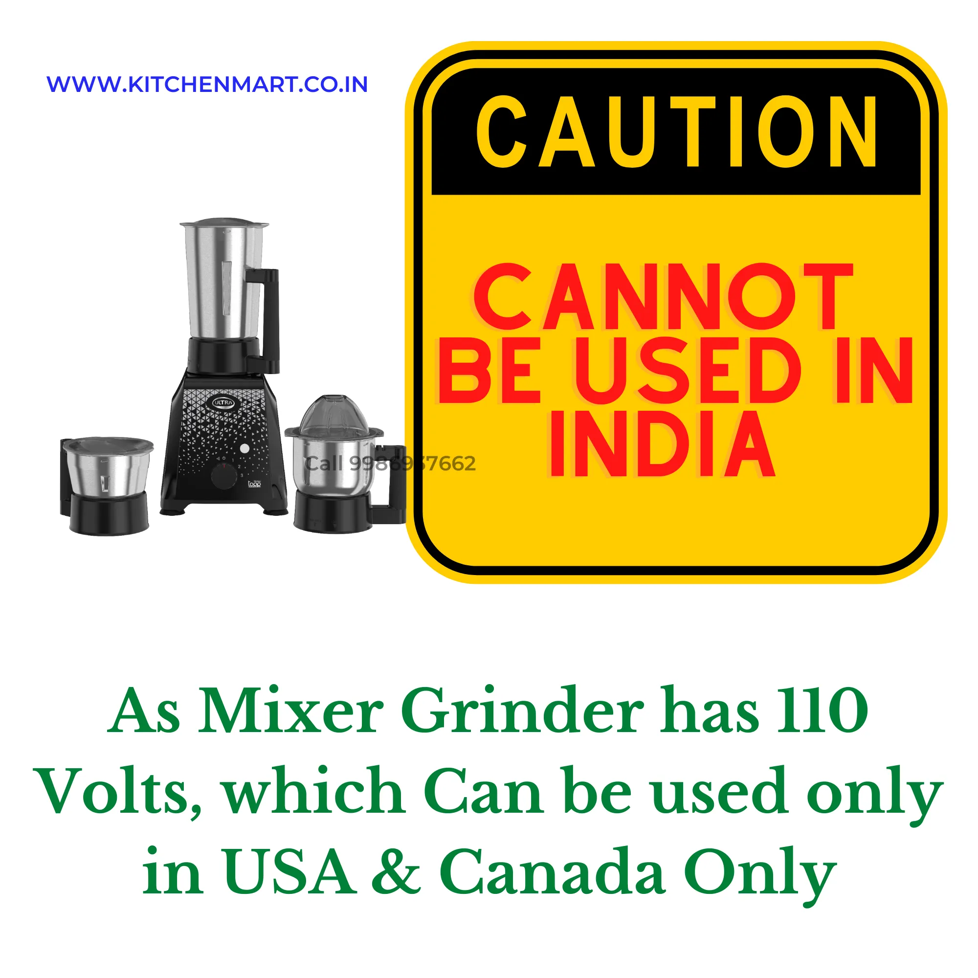 Ultra Topp 110volts 750W Mixer Grinder ( 3 Jars, Jet Black ) for use in USA and canada only