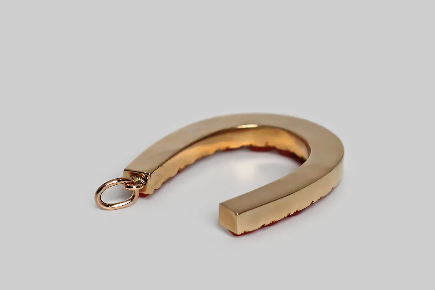 Victorian Era Extra Large Coral Lucky Horseshoe Pendant in 14k Gold