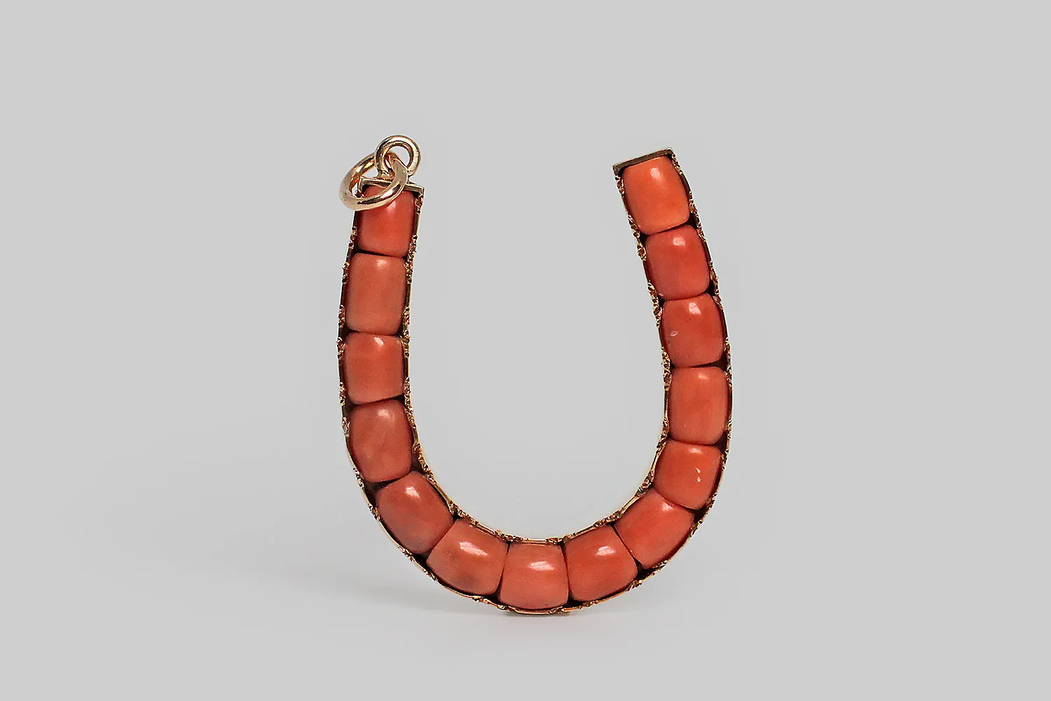 Victorian Era Extra Large Coral Lucky Horseshoe Pendant in 14k Gold